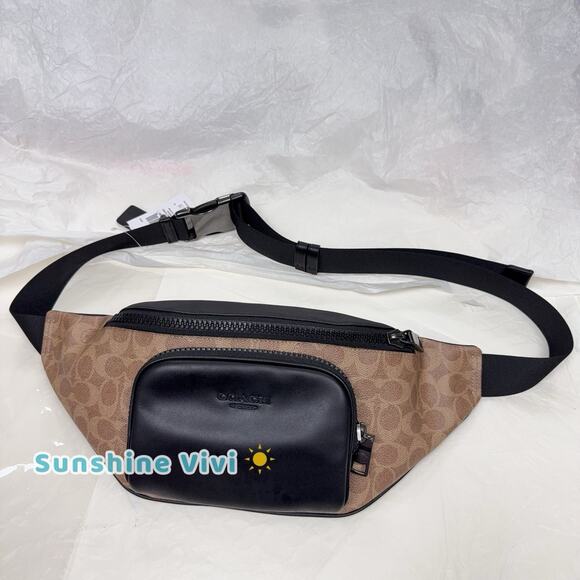 NWT COACH CT714 Racer Belt Bag In Signature Canvas & Leather Gunmetal/Tan/Black - Picture 1 of 6